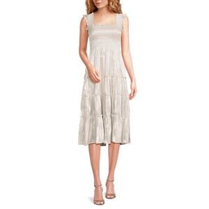 kourt Calypso Tiered Smocked Cream Elegant Casual Shine Midi Dress Medium
